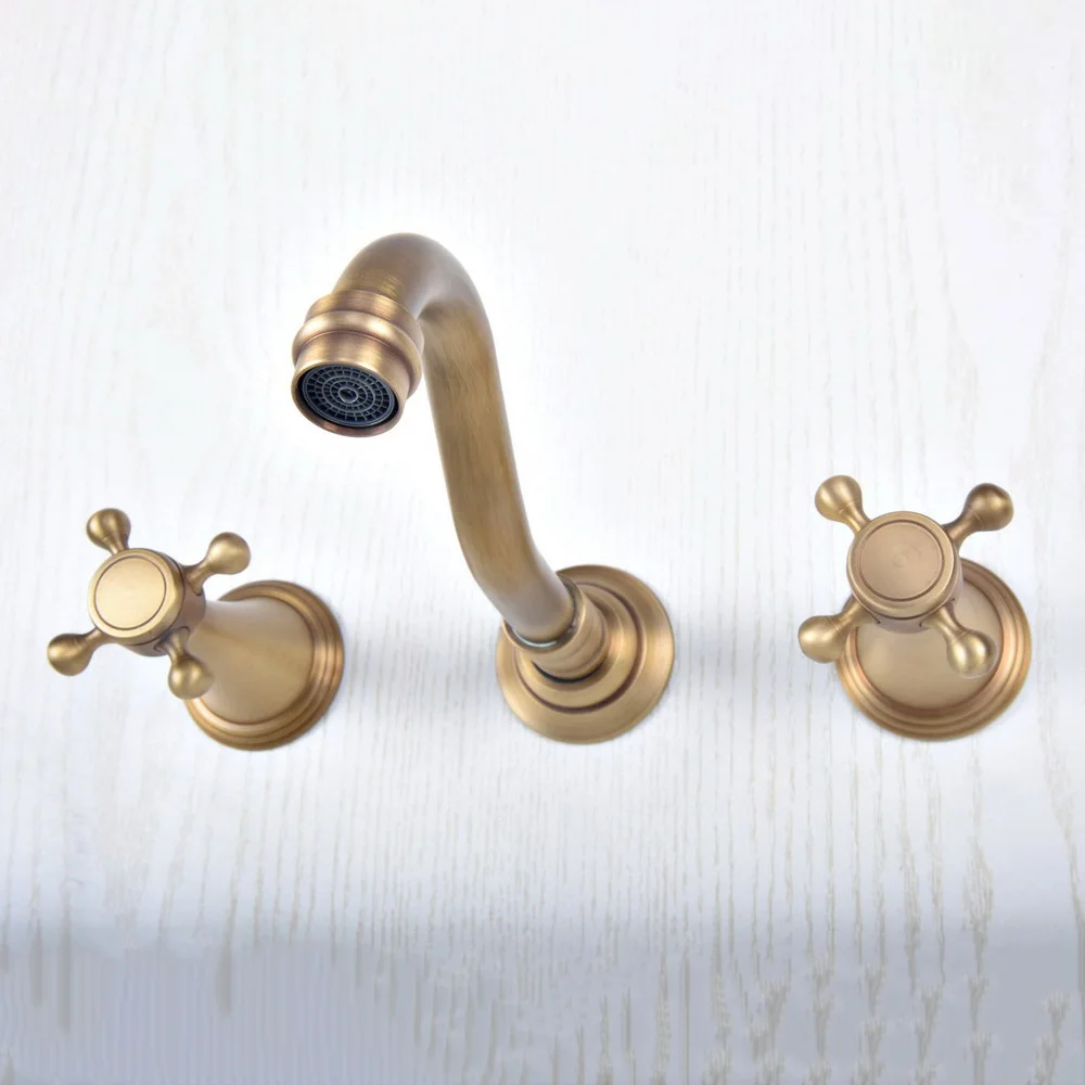 

Retro Antique Brass Double Cross Handle Wall Mount 3 Hole Widespread Bathroom Lavatory Vessel Basin Faucet Sink Mixer Tap dsf513