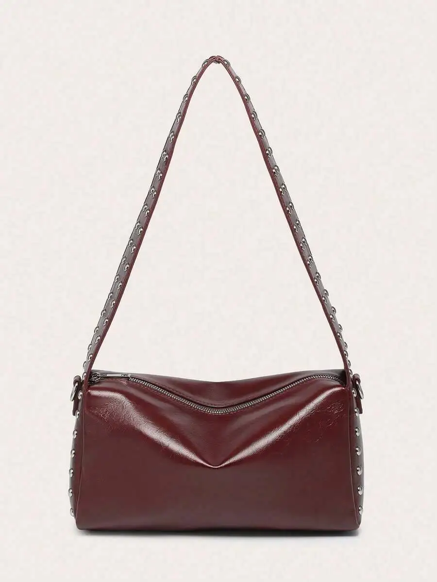 

1Pc Women's Large Capacity Square Handbag With Rivet Decoration, Adjustable Wide Strap, Niche Design, Commuter Underarm Bag,