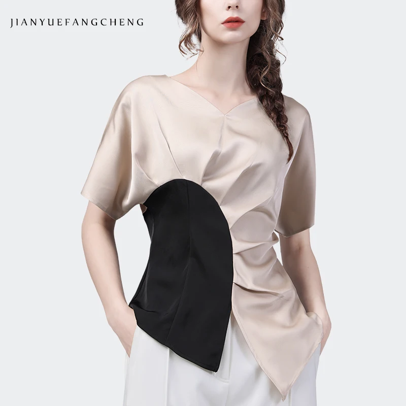 Women\' Spring Summer Short Sleeve V-Neck Color Blocking Satin Top Elegant Slim Asymmetrical Shirred Casual Slit Shirts