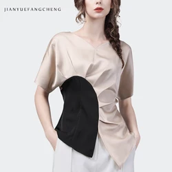 Women' Spring Summer Short Sleeve V-Neck Color Blocking Satin Top Elegant Slim Asymmetrical Shirred Casual Slit Shirts