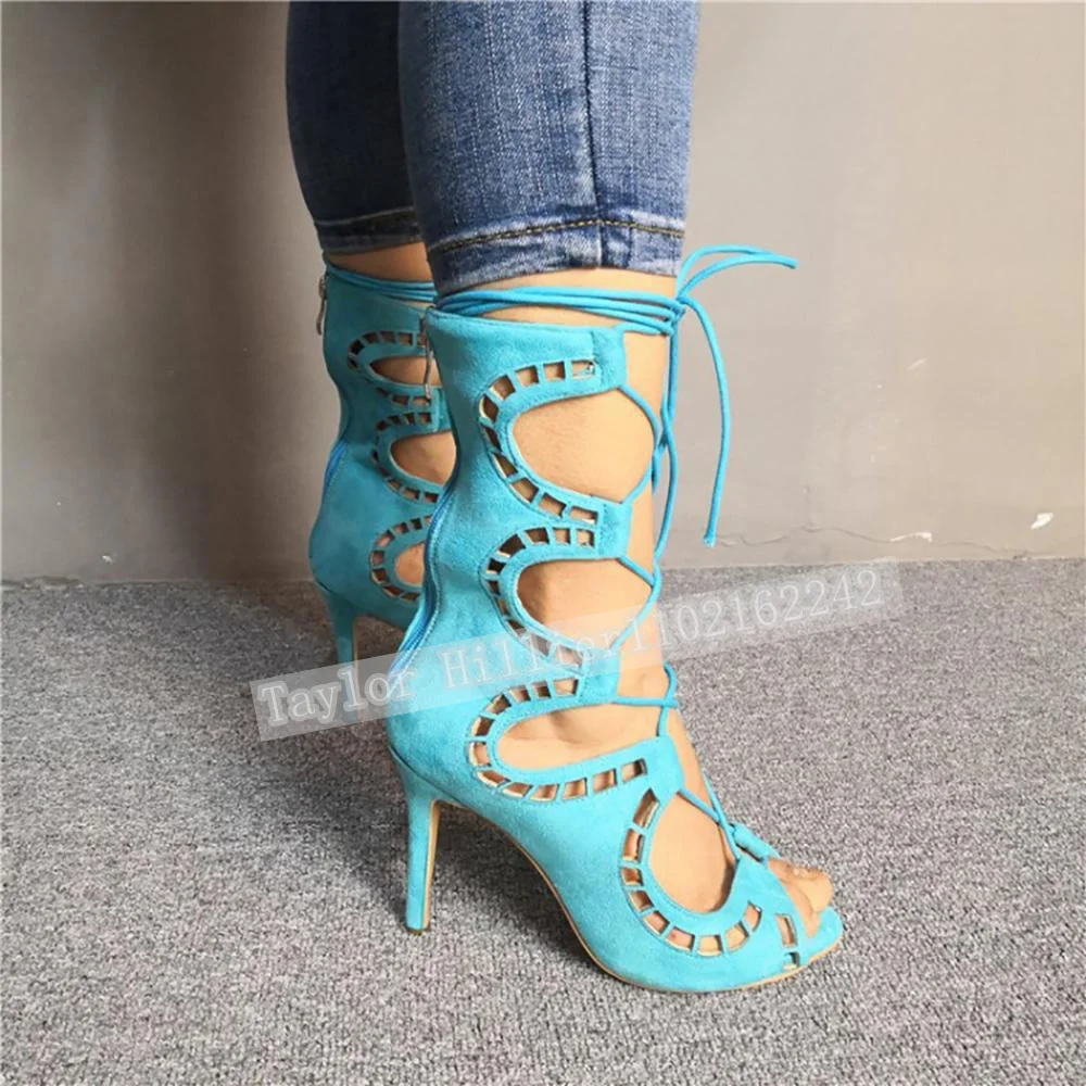 Blue Open-Toe Criss-Cross Strap Sandals Women'S Peep-Toe Stiletto Heels T-Stage Show Back Zip Sandals Boots Zapatos Mujer 46