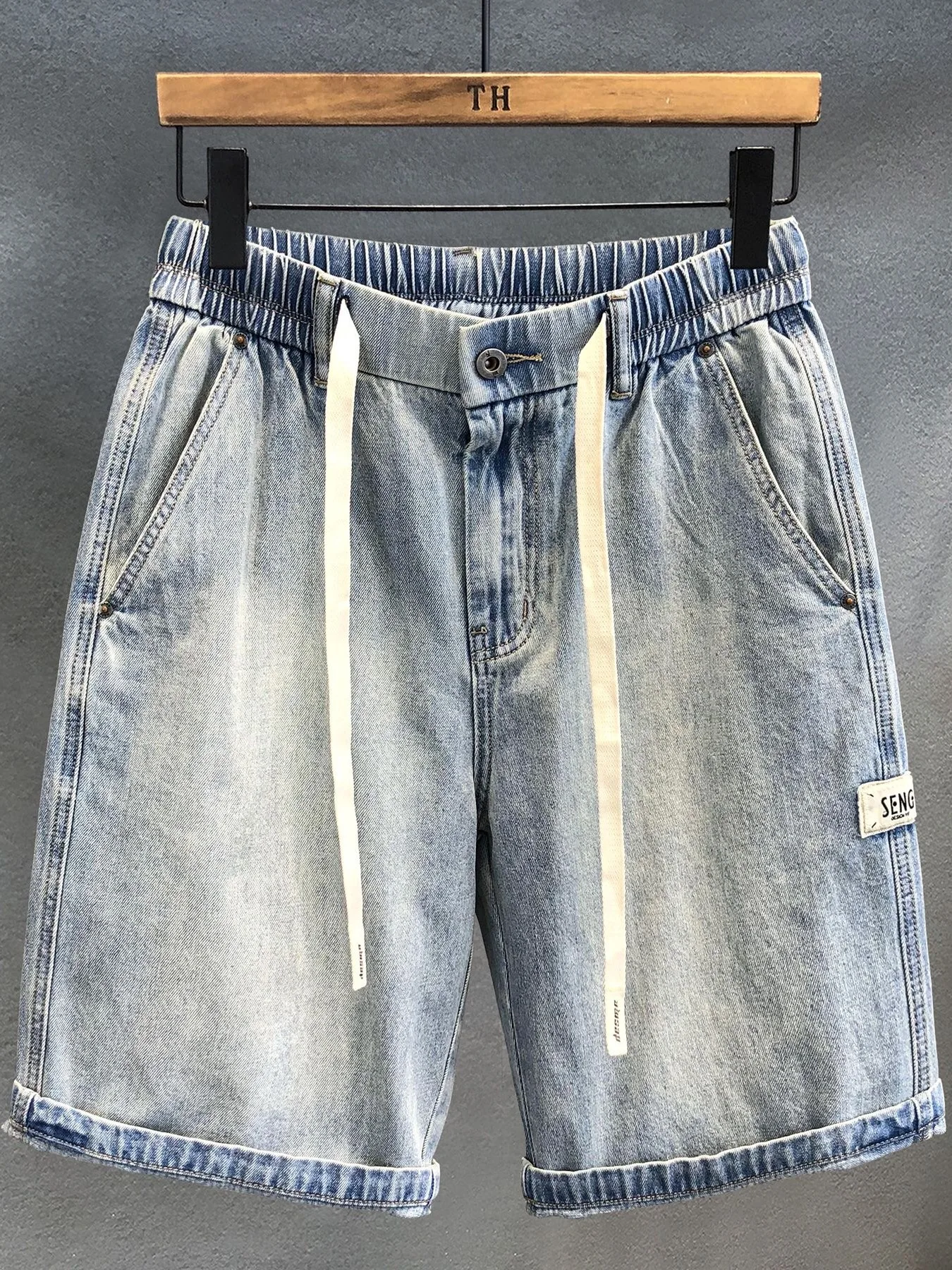 Retro Washed Distressed Elastic Waist Men's Denim Shorts Summer Loose Straight Leg Five-Point Pants Casual Youth Fashion