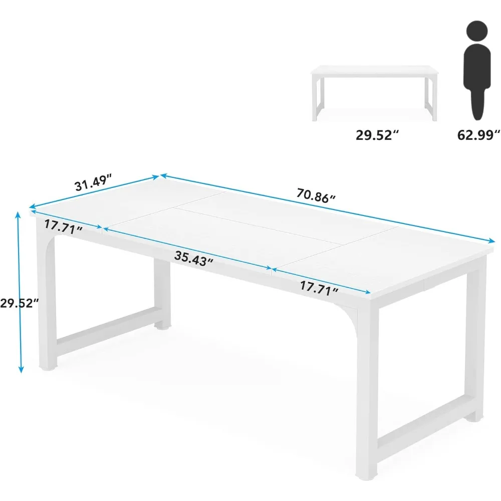 70.8”Executive Desk, Large Office Computer Desk with Thicken Frame, Modern Simple Workstation Business Furniture，White