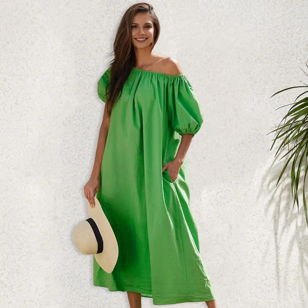 

Solid Color Lazy Style Dress Elegant Off Shoulder Midi Dress with Pleated Bubble Sleeves Elastic Cuffs Side Pockets for Women's