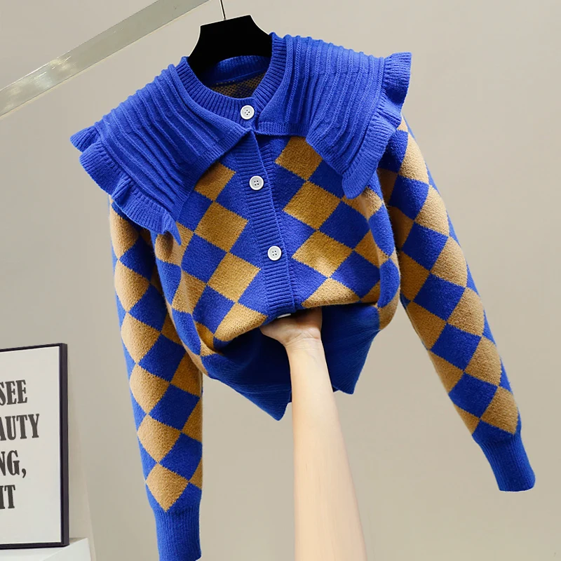 

Soft Collar Design Sweater Women's Winter New Sle Retro Color Blo Diamond id Doll Design Korean Version Top irt