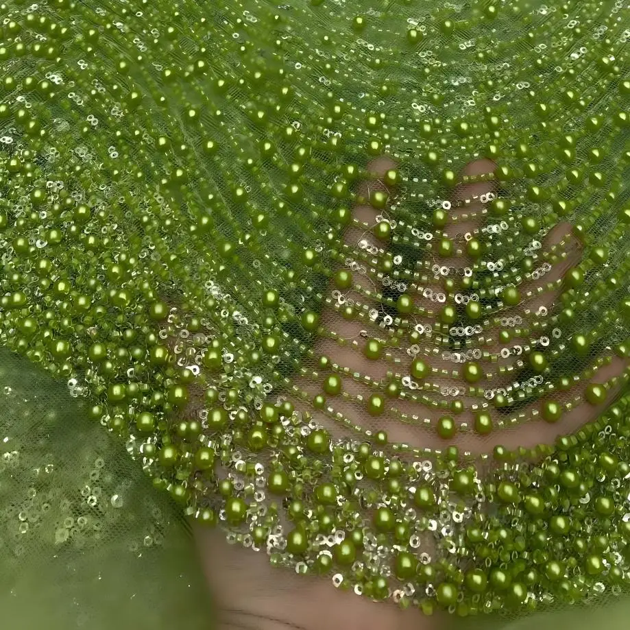 

African Beaded Line Lace Fabric High Quality French Tulle Lace Embroidery Nigerian Mesh Fabric for Wedding Party Dress 5Yards