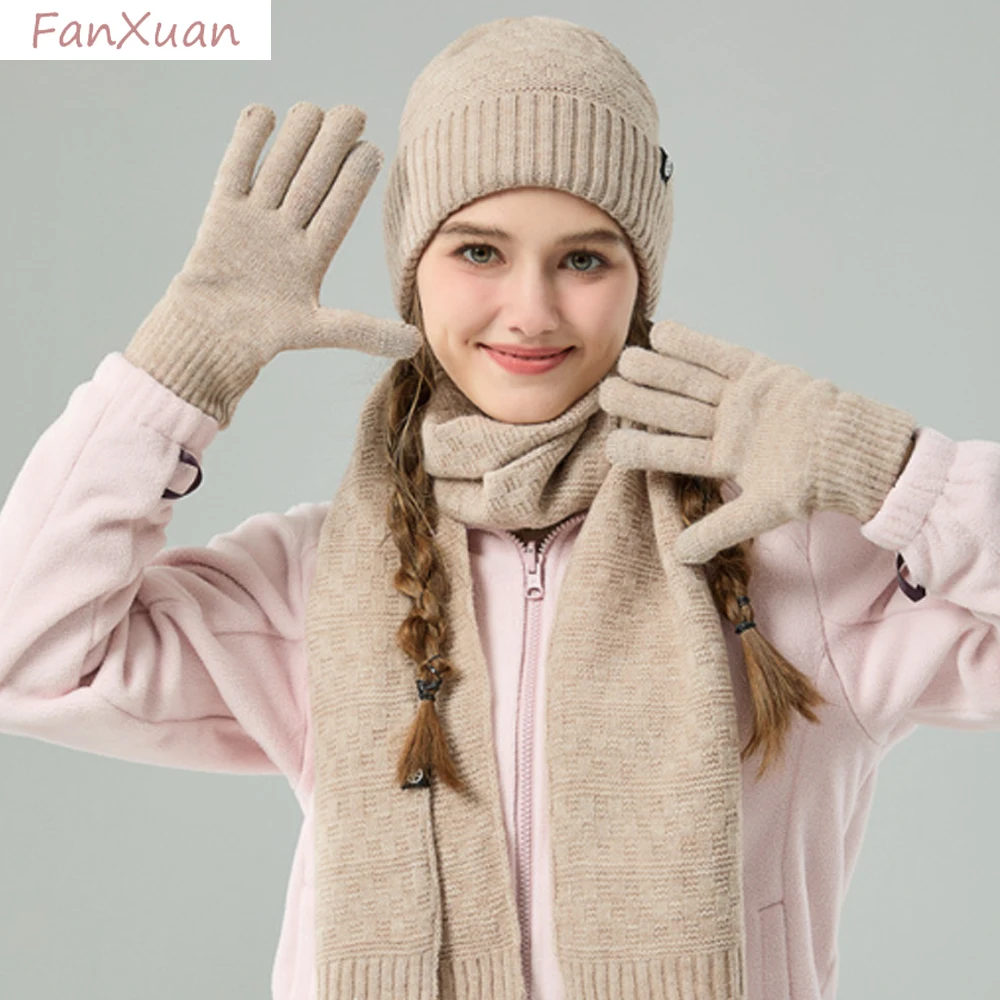 3 قطعة قبعة الشتاء وشاح قفاز مجموعات للرجال النساء محبوك قبعات صغيرة مجموعة وشاح طويل قفازات شاشة اللمس هدية الأسرة