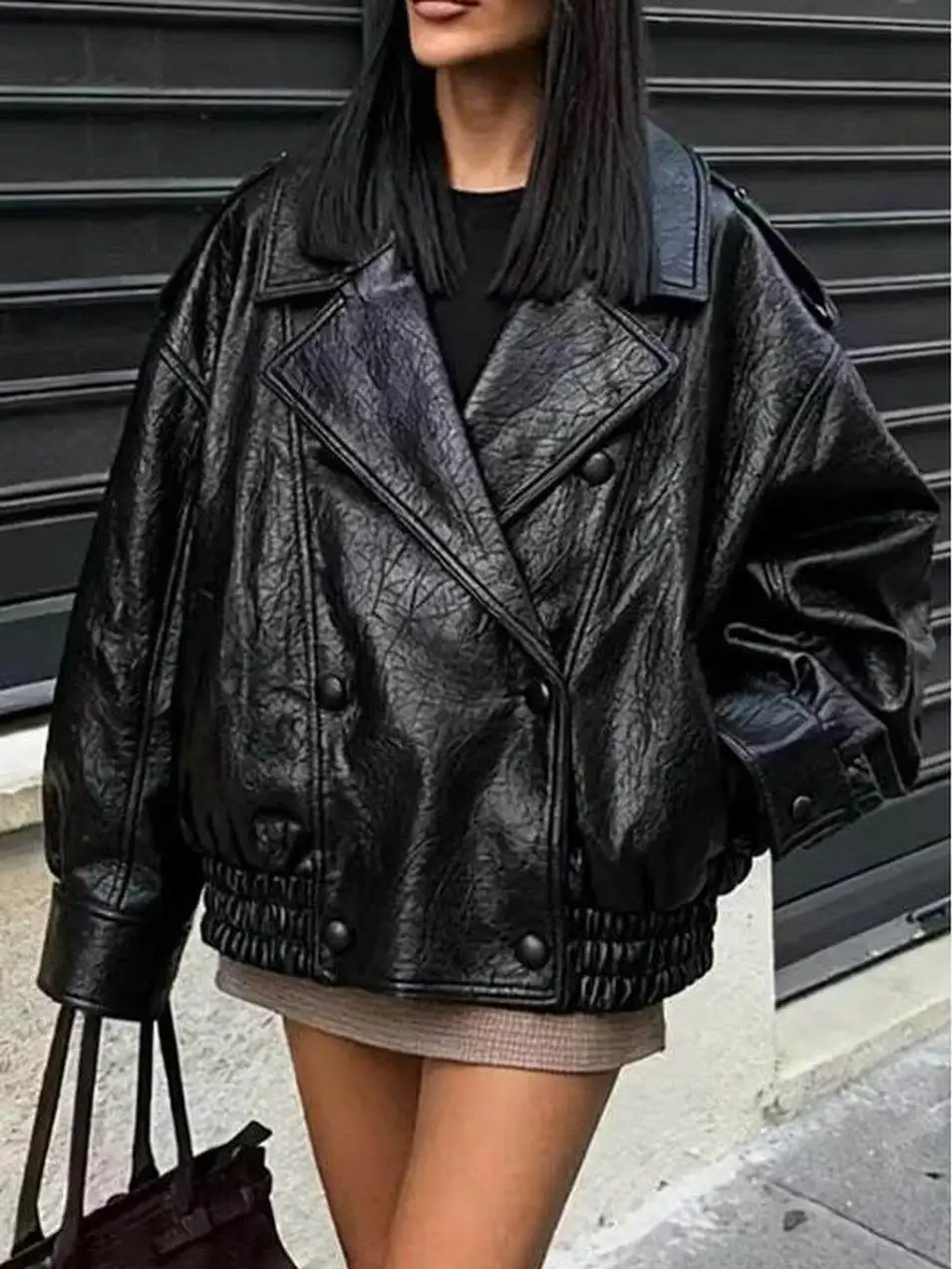 

Casual Loose Lychee Patterned Faux Leather Jaet ZA 2026 Early Spring Faionable Versatile Ele Outerwear for Women