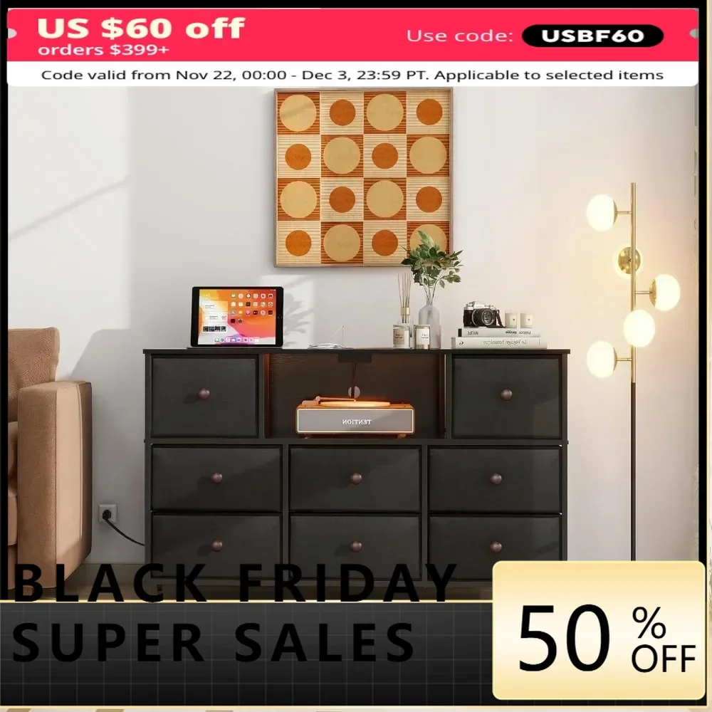 

Dresser with Power Outlets and LED Lights, Dresser TV Stand for with 8 Drawers, Fabric Chest of Drawers for Bedroom, Living Room