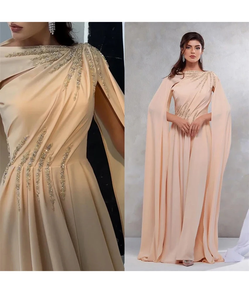 

Customized Classic Chiffon A-Line Sequined Beading Crystal Evening Dress Delicate O-neck Long Sleeves Floor Length Prom Gowns