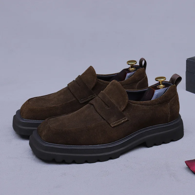 Men's Suede Platform Loafers Genuine Leather Thick Sole Slip On Casual Shoes for Men Moccasins Footwear Matte Square-Toe Shoes