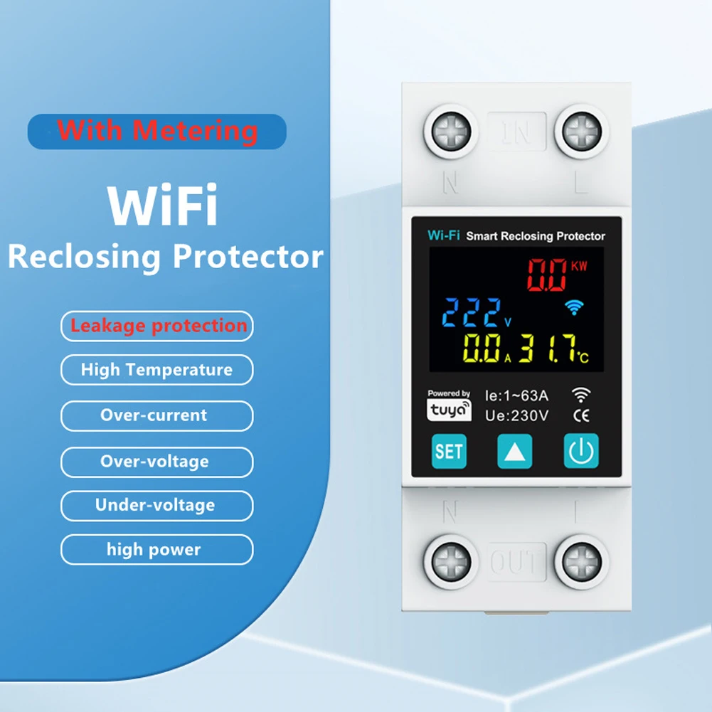 Tuya Smart WIFI 2P 1-63A Adjustable Circuit Breaker Earth Leakage Over Under Voltage Protector Relay Switch Energy kWh Meter