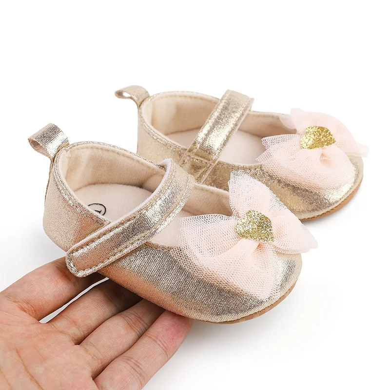 Zapatos de princesa con lazo para niñas pequeñas, zapatos de PU antideslizantes, suelas suaves para primeros pasos, 0 a 18 meses