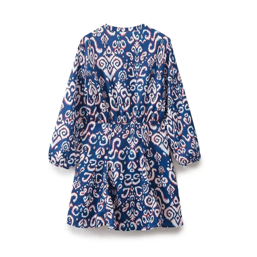 Tangada 2024 Women Flower Print Dress Lantern Long Sleeve Female Mini Dress 6H0238