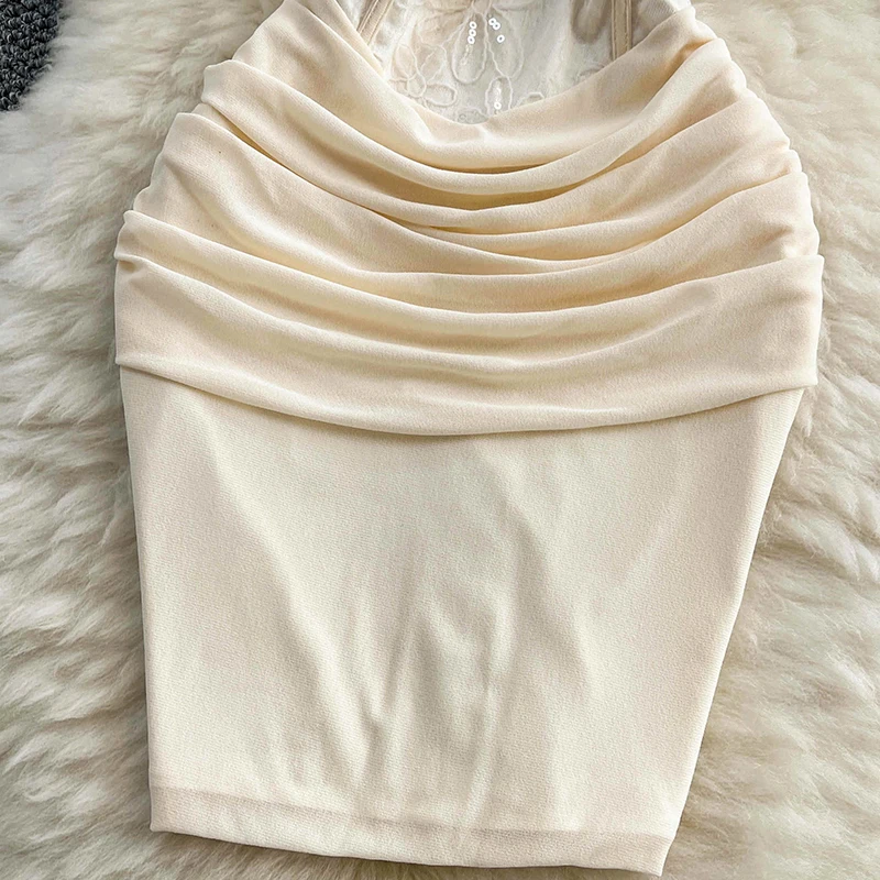 Französisch Spitze Splice Pailletten Slip Kleid Frauen Sommer Plissee Sexy Wrap Hüfte Kurze Spaghetti Strap Kleid Beige Party Kleid