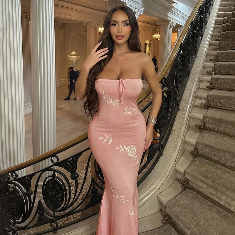 Sexy Strapless Floral Print Bodycon Maxi Dress Women Off Shoulder Backless Long Sundress 2024 Spring Summer Club Party Vestidos