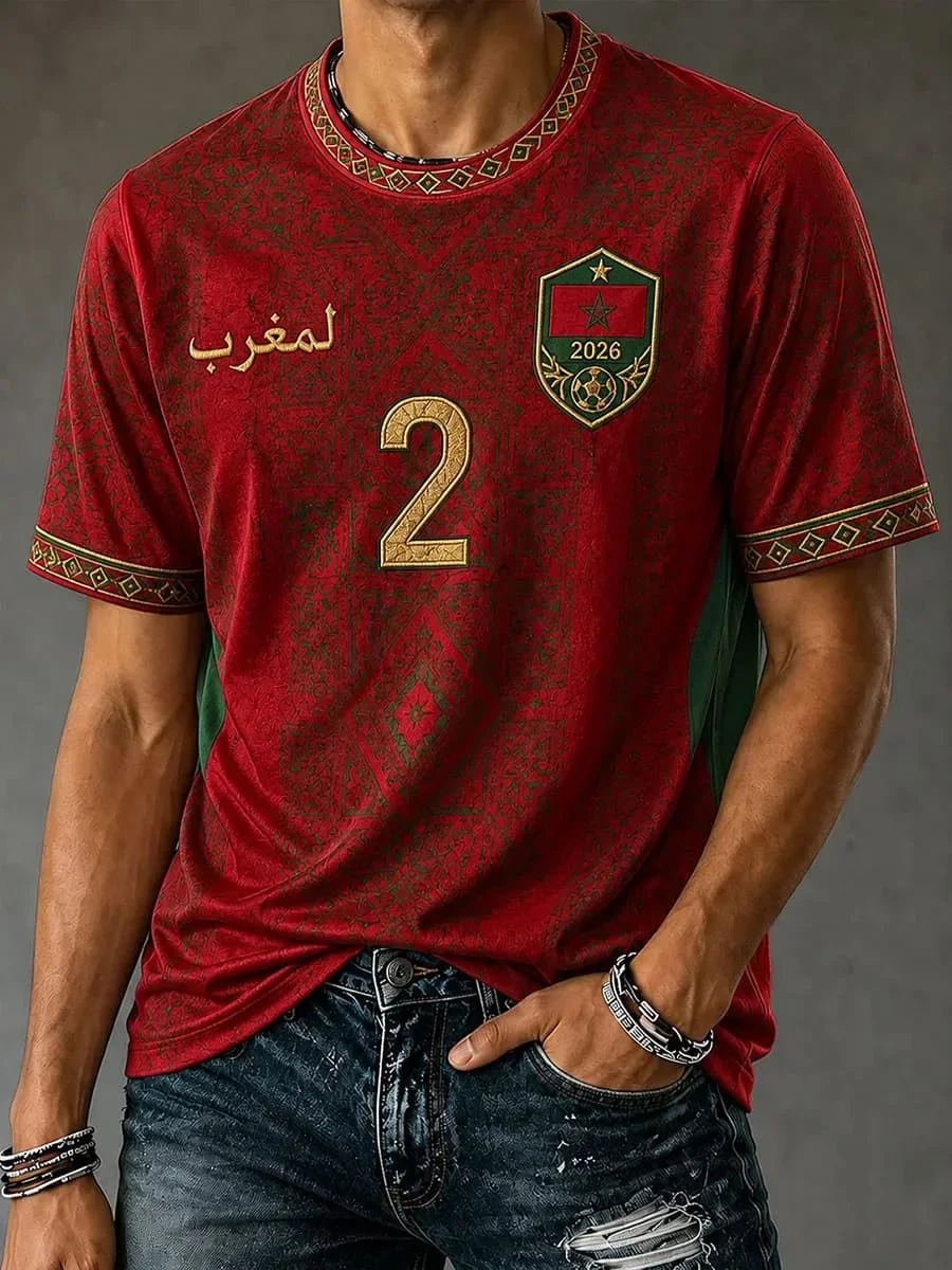 Herren 3D-Druck Marokko Fußball-Fan-T-Shirt, 2026 Fußball-inspiriertes Kurzarm-Trikot, Schnelltrocknendes Sport-Oberteil – Detail 11