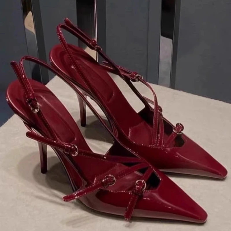 

New pointed, slim heel high-heeled shoes with women's patent leather, shallow mouth,sexy temperament, back strap,toe cap sandals