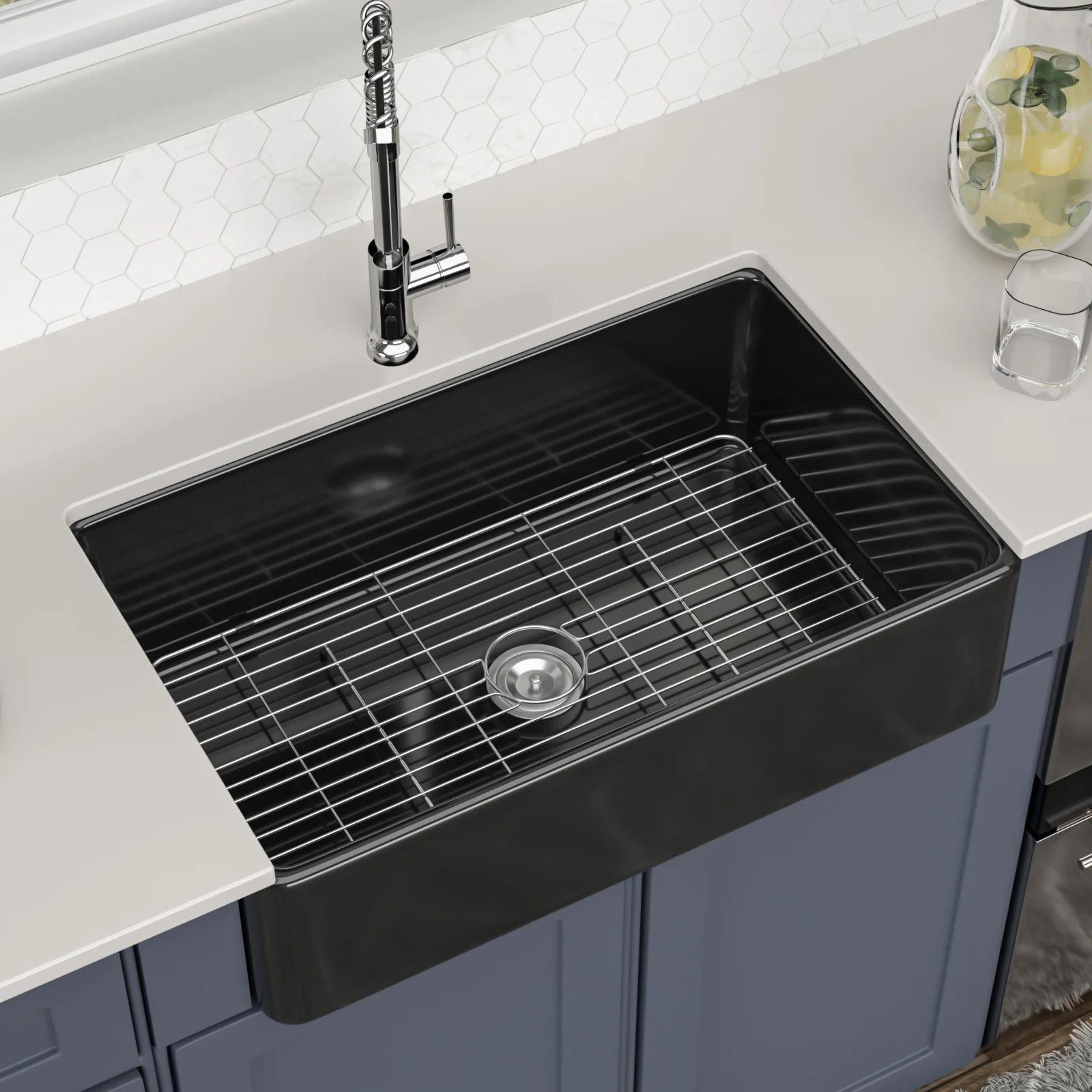 33 Inch Single Bowl Rectangular Matte Black Ceramic Kitchen Sink Handmade Farmhouse 33x20x10 Inch Without Faucet