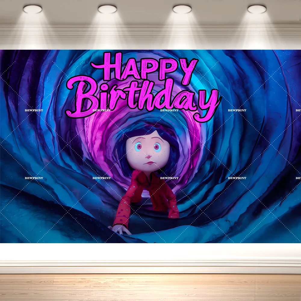 Dewprint Coraline Cartoon Birthday Backdrop Blue Purple Tunnel Bat Other Mother Horror Movie Themed Party Banner Decor Supplies