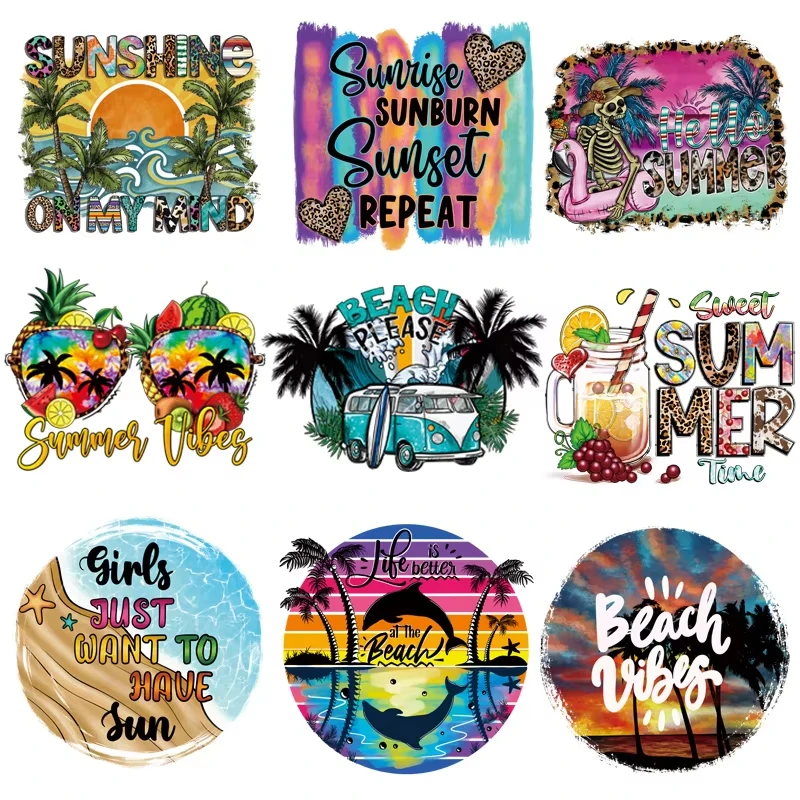 Parches para planchar con vibraciones de verano, Parches de transferencia de calor para camiseta, Ropa DIY, Parches adhesivos para Ropa, pegatinas de puesta de sol y sol, 2 uds.