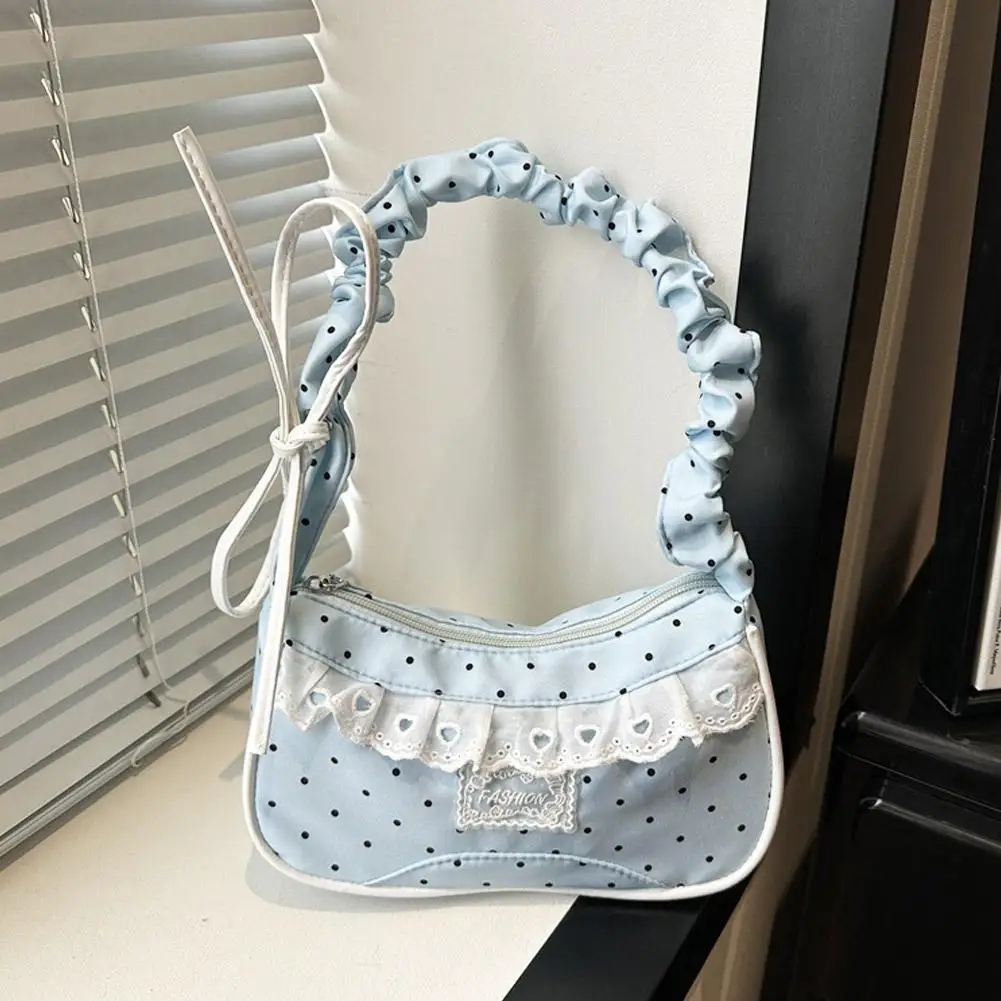Niedliche Spitzen-Schultertasche mit Tupfenmuster, Süße Unterarmtasche mit Schleife, Y2k Mode, Lässige Schultertasche, Umhängetasche – Detail 18