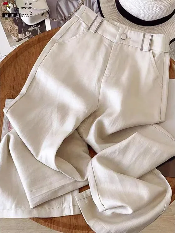 Women's Summer Thin Cotton Linen Wide Leg Pants Casual Straight Cut Long Trousers Lightweight Comfortable Natural Waist Elastic