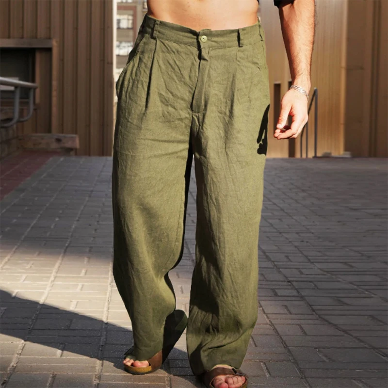 2024 Fall Leisure Loose Straight Trousers Mens Casual Loose Solid Color Cotton Linen Pants Men Vintage Mid Waist Linen Trousers