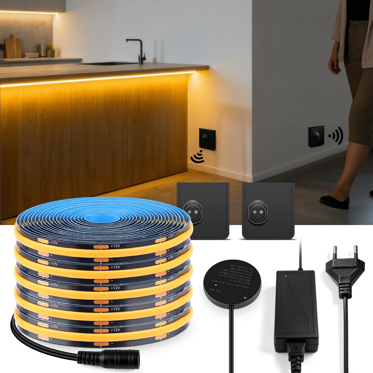 dc12v-モーションセンサーledストリップライト-5m-10m、可動式pirセンサー付き、階段、廊下、トイレの夜間セキュリティ照明用、24時間動作