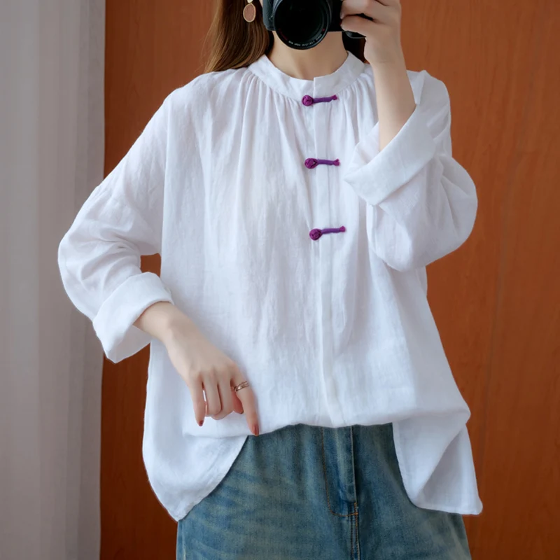 

Color Blo Cotton Linen irt Long Sve Stand Collar Button up Belly Covering Anti Aging Women's plus Size Autumn Top