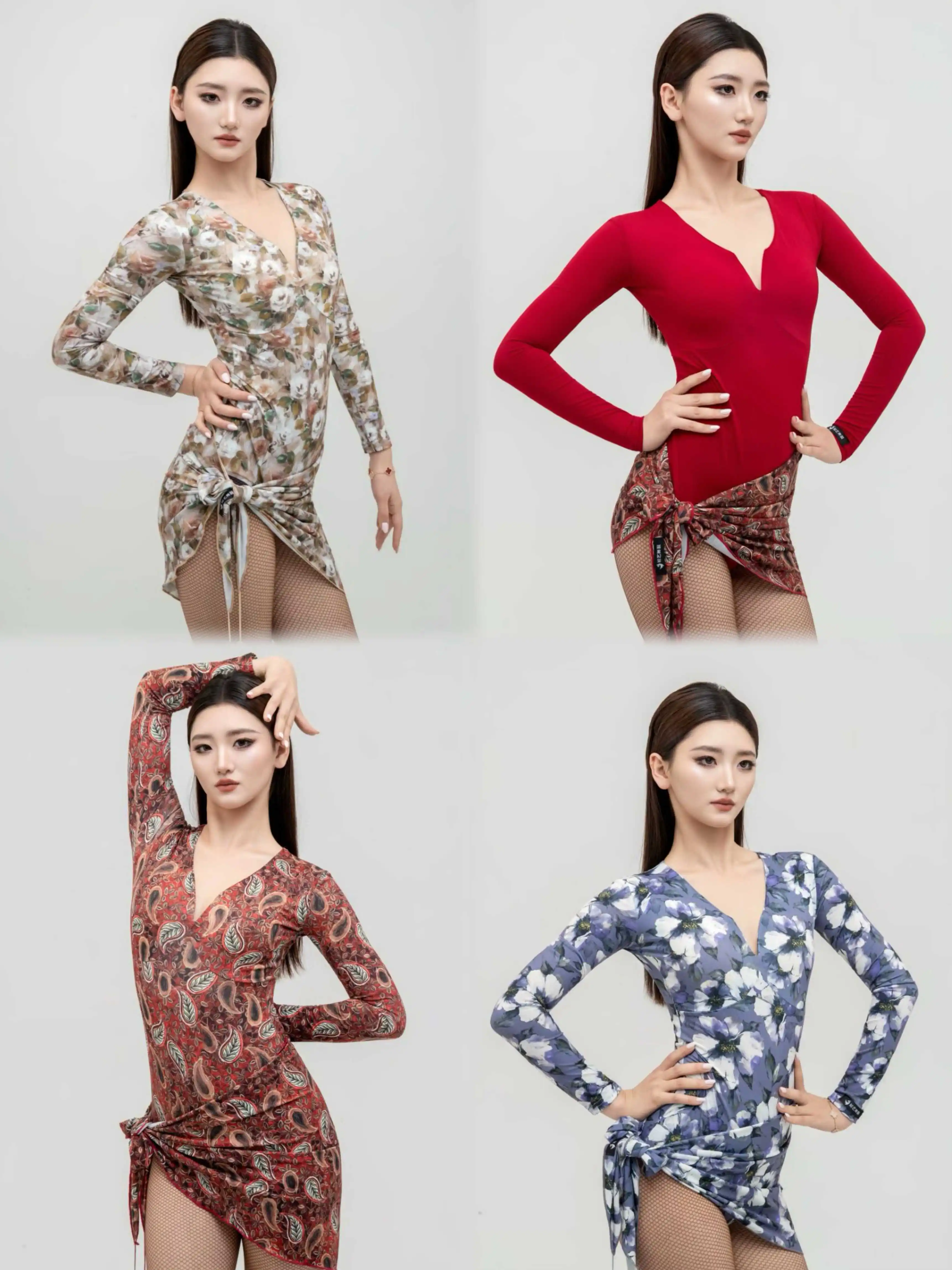 

Новые женские костюмы для латинских танцев для взрослых с v-образным вырезом и длинными рукавами, топ с принтом, шарф, юбка, тренировочная одежда, одежда для самбы, DN22501