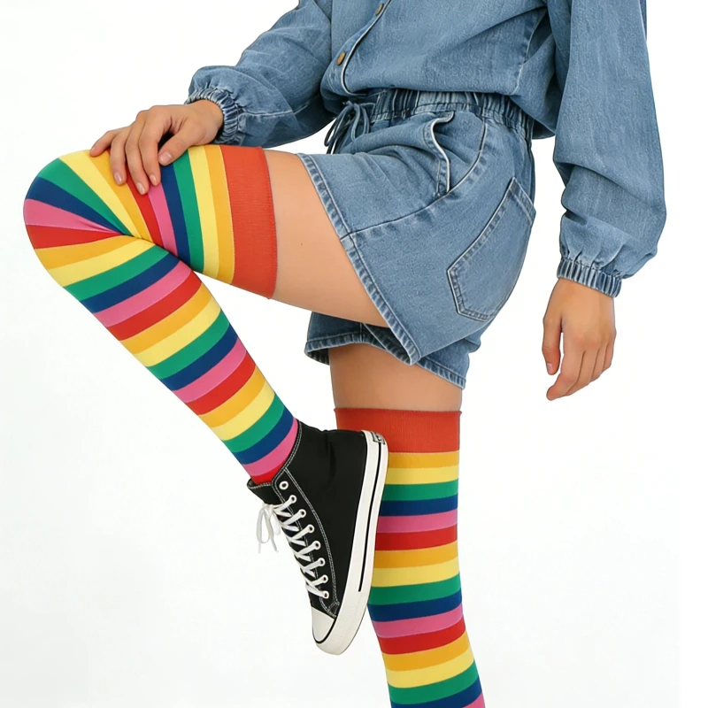 European American Rainbow Striped Socks Exposed Finger Sleeves Party Performance Christmas Cosplay Long Leg Knee High Socks
