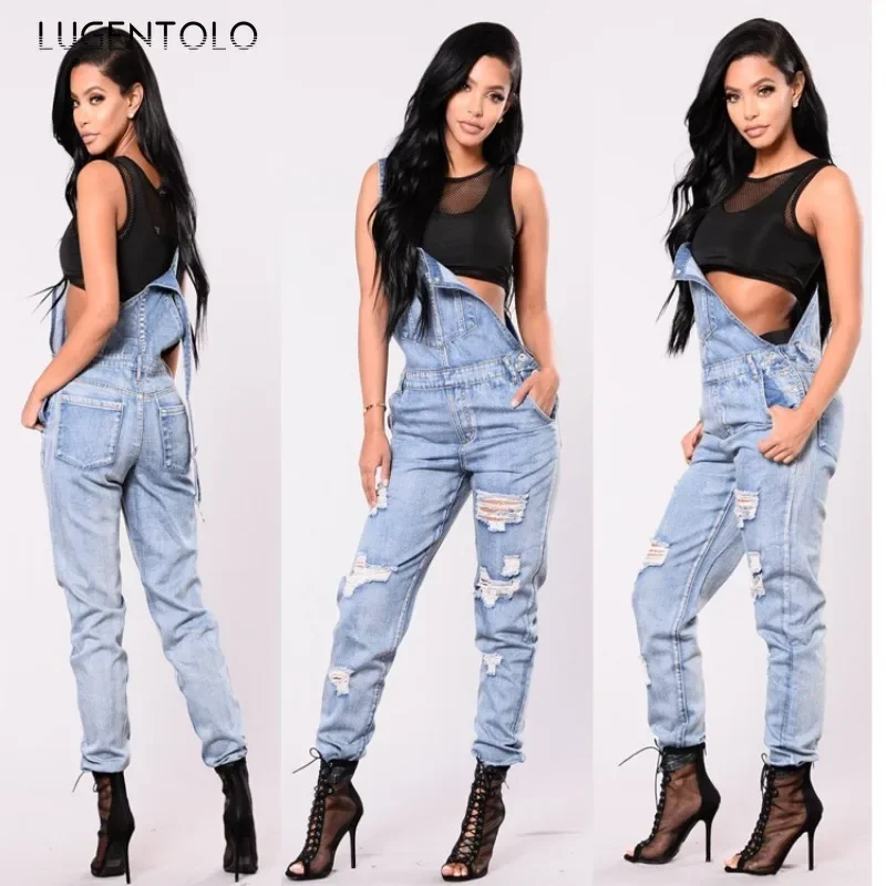 Women Ripped Denim Jumpsuits Fashion Elasticity Overalls New Casual Female Street Washed Pocket Hole Long Pencil Cloth