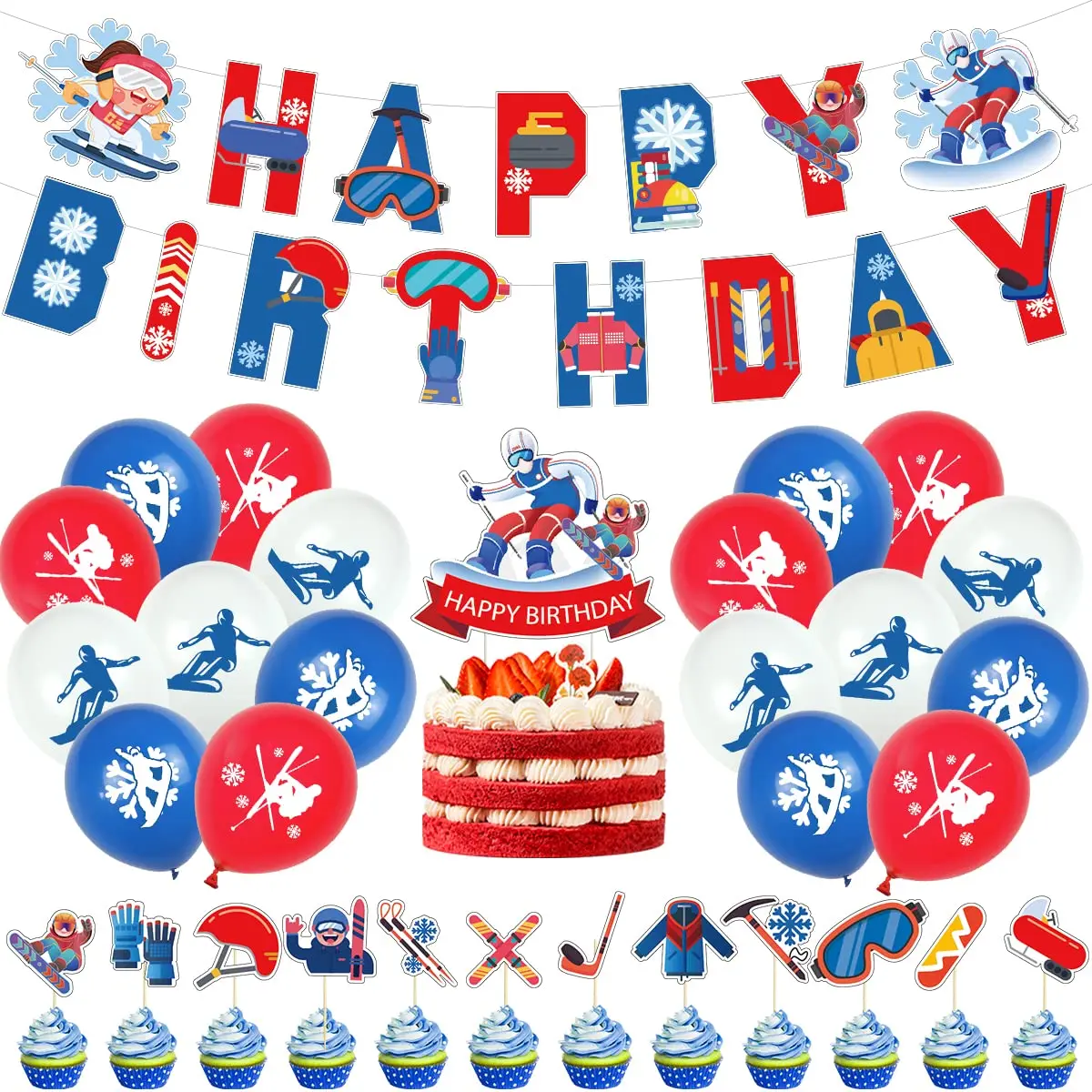 Skiing theme party decorations set extreme sport banner balloons cake topper For Ski Club Winter Sports Birthday Party Supplies