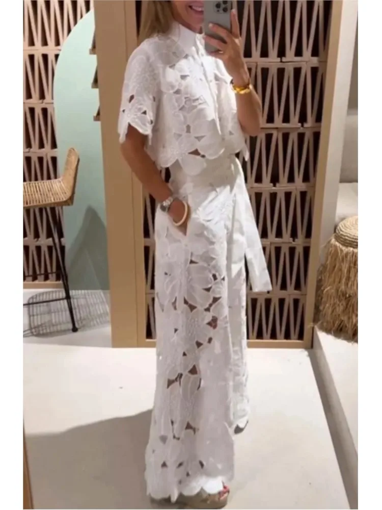 Elegant Short-sleeved Single-breasted Hollow Shirt  + Wide-leg Pants 2-piece Set Women Sexy Fashion Solid Color Lace Suit Female