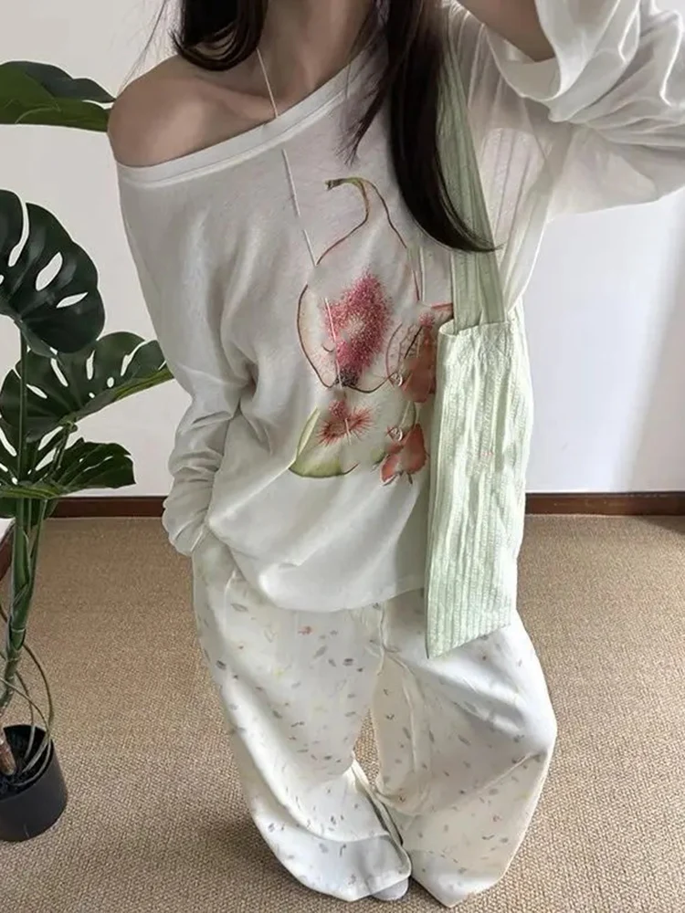White Print Long Sleeve T-shirts Women Korean Chic Loose Lazy Micro Transparent Tops Off Shoulder Fashion Casual Tees
