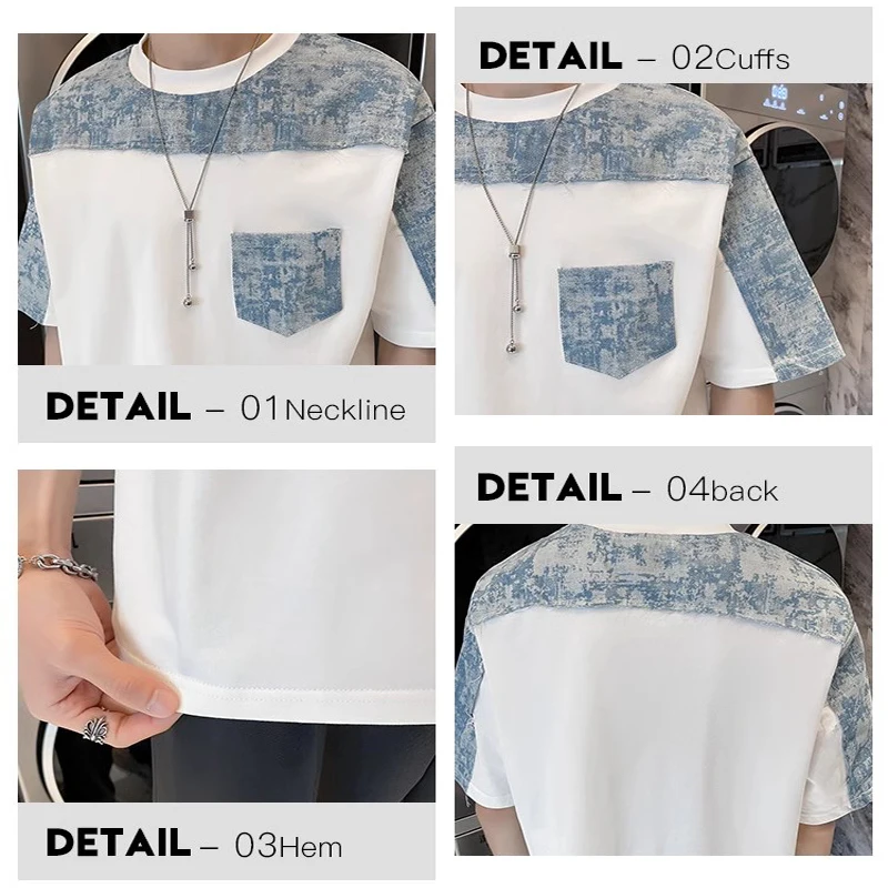 Summer American Denim Patchwork T Shirt for Men Short Sleeve Korean Cotton Men\'s T-shirt Vintage O-Neck Male Tee Tops Streetwear