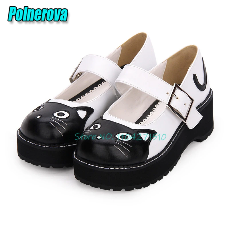Cat-Head Design Round Toe Mary Jane Shoes for Women Mixed Colors Buckle Strap Thick Soled Wedge Pumps Sweet Girl Lolita Shoes