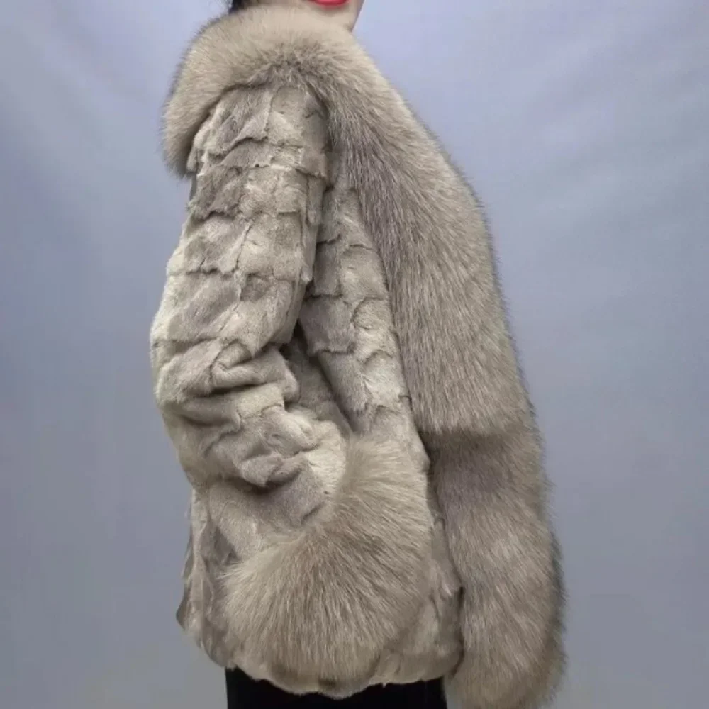 2025 الخريف الشتاء النساء معطف بياقة كبيرة الثعلب الفراء سترة ريال فرو منك ملابس خارجية عالية الجودة الفاخرة الدافئة منتصف طول سترة