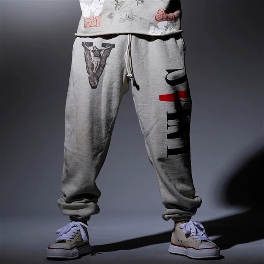 New Vintage Saint Washde Letter Printing High Quality High Street Vibe American Retro Trendy Brand Fleece Casual Sports Pants