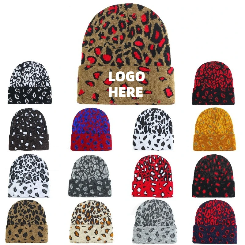 Personalisierte Leopardenmuster-Strickmütze mit Individuell Gesticktem Logo für Herbst und Winter, Warme Acryl-Beanie-Mütze für Männer und Frauen – Detail 1