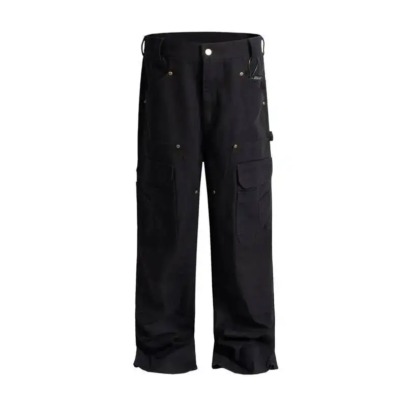 American Style Washed Distressed Multipocket Casual Men's Cargo Pants Summer Loose Fit Straight Workwear Trousers OEZ7