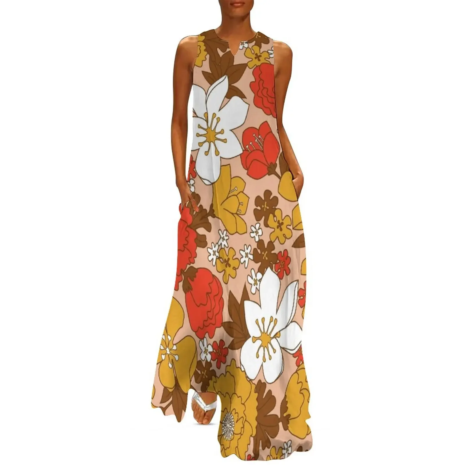 

Orange, Yellow, White and Brown Retro Floral Pattern Long Dress summer dress woman 2025 african dresses for woman Dress