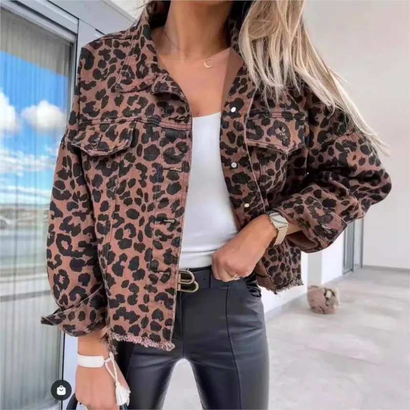 Spring Autumn Vintage Leopard Print Denim Coat Women\'s New Fashionable And Trendy Style Female Jacket Leopard Jeans Outwear 2025