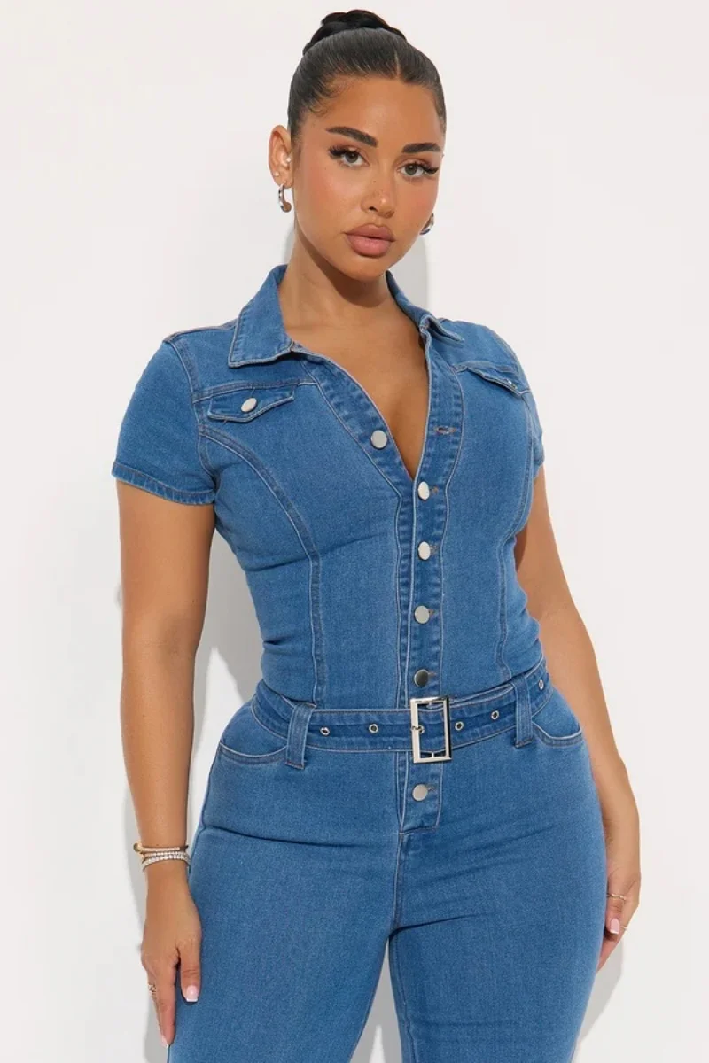 Streetwear Denim combinaison vêtements d'été femmes à manches courtes boutonné jean droit barboteuses combishorts une pièce salopette tenue