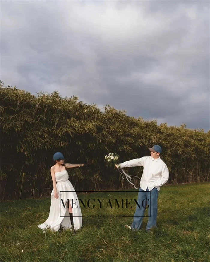 ZHUISHU 우아한 새틴 웨딩 사진 촬영 드레스 스트랩리스 한국 신부 드레스 앞이 짧고 뒤가 긴 코르셋 웨딩드레스 맞춤 제작