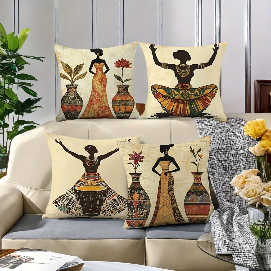 4pcs African lady pattern Single-sided printing Short plush Suitable for living rooms bedrooms sofas (excluding pillow cores)