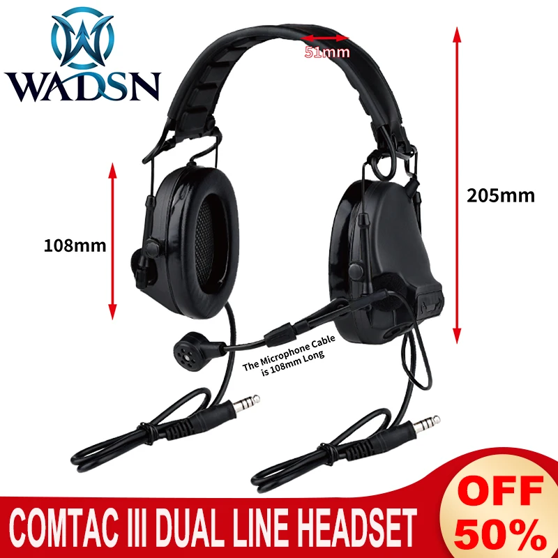 WADSN Dual Line Comtac III Headset 7.0 plug for Walkie-Talkie PTT Hunting Shooting Headphone Civilian Pickup And Noise Reduction