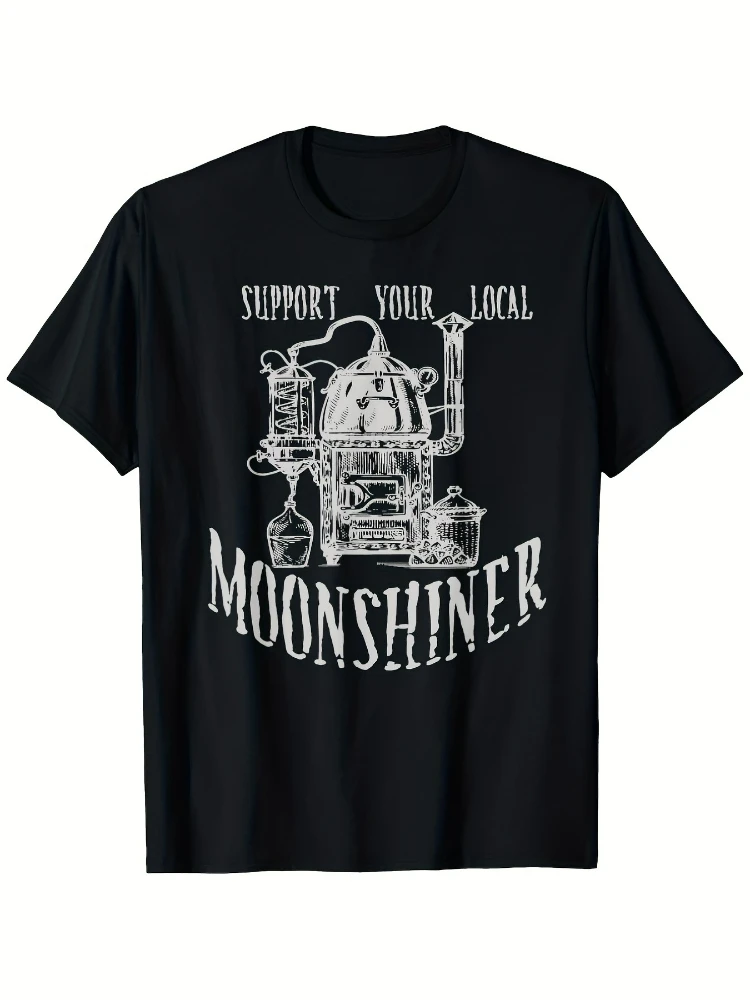 Vintage Moonshine Still & Appalachian Bootlegger-Retro Whiskey Making Equipment Graphic-100% cotton printed men's T-shirt.