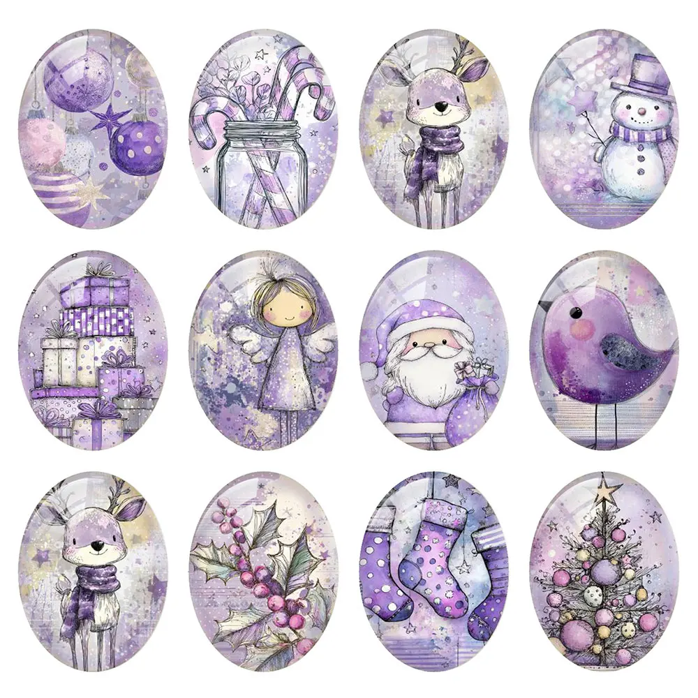 Random Mixed Round/Oval/Square Purple Christmas Candy Deer Santa Photo Glass Cabochon Flatback Demo Cameo For Diy Jewelry Making